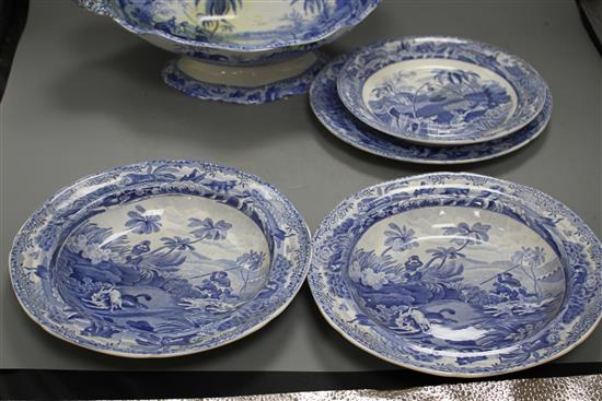 Three Spode Indian Sporting Series blue and white plates, a stand and a footed dish, c. 1815- 25,